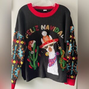 ADORABLE! FELIZ NAVIDAD UGLY CHRISTMAS LLAMA SWEATER - LADIES SIZE L 12/14